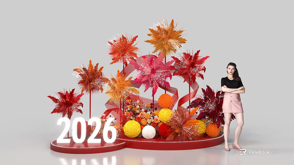 2026 Red Orange Pink Flower Decorations With Woman Standing Photo Spot 3d model 