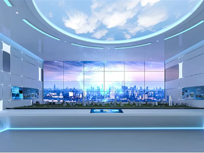 Modern Futuristic Interior With Curved Windows City Skyline Digital Screens Round Ceiling And Cloudy Sky 3d model