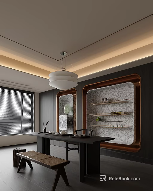 Modern Tea Room Interior With Dark Walls Display Shelves Tea Sets And Pendant Chandelier 3d model 
