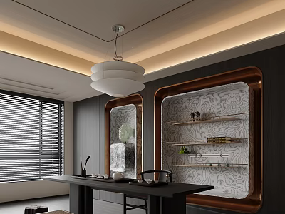 Modern Tea Room Interior With Dark Walls Display Shelves Tea Sets And Pendant Chandelier 3d model