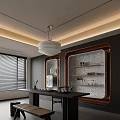 Modern Tea Room Interior With Dark Walls Display Shelves Tea Sets And Pendant Chandelier
