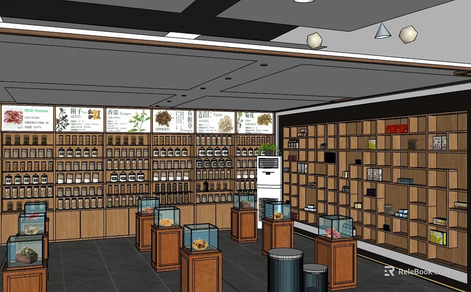Traditional Medicine Store Interior With Wooden Shelves Display Cases And Glass Jars 3d model 