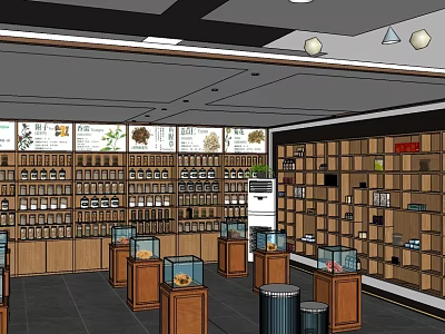 Traditional Medicine Store Interior With Wooden Shelves Display Cases And Glass Jars 3d model