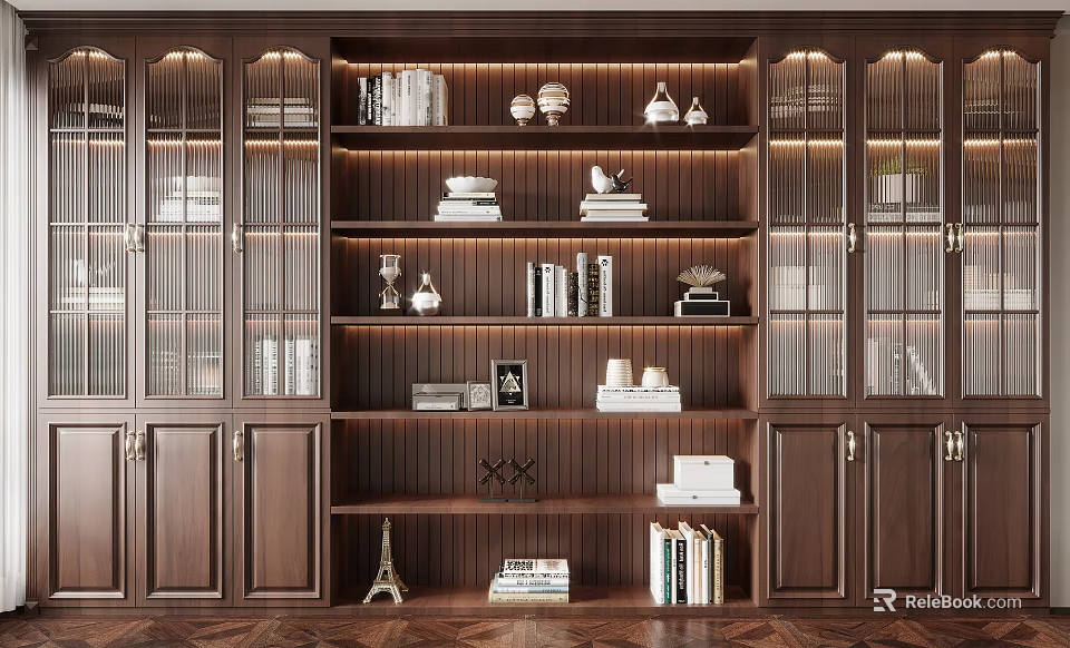 Dark Wood Bookcase with Glass Doors Multiple Shelves Built in Lighting and Decorative Items 3d model 