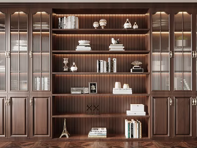 Dark Wood Bookcase with Glass Doors Multiple Shelves Built in Lighting and Decorative Items 3d model