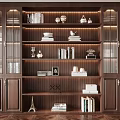 Dark Wood Bookcase with Glass Doors Multiple Shelves Built in Lighting and Decorative Items
