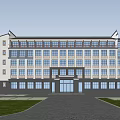 Modern Multi Story Office Building With Red Flag Large Windows And Green Surroundings