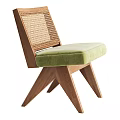 Modern Wooden Dining Chair With Rattan Backrest And Green Padded Seat