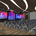 Modern Stage Design With Blue Circular Platform Steps Large Screens Colorful Graphics And Ceiling Lighting