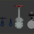 Various Types of Industrial Valves with Red and Blue Handwheels Including Gate and Ball Designs