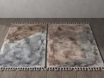 Two Square Rugs With Brown Gray Texture And Fringes On Wooden Floor 3d model