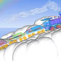 Transparent Train with Colorful Wheels Riding on White Clouds Under Blue Sky and Rainbow