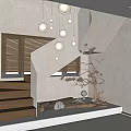Elegant Modern Staircase With Round Pendant Lights Venetian Blinds And Dried Tree Decor