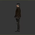 Man Wearing Brown Leather Jacket Gray T-Shirt Dark Pants Waist Bag Black Gloves Gray Background