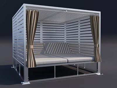 Modern Double Bed with Metal Frame and Louvered Design Side Curtains for Cozy Bedroom 3d model