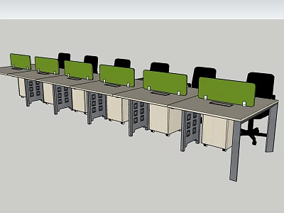 Public Office Space With Long Desks Green Partitions Black Chairs And Storage Cabinets 3d model