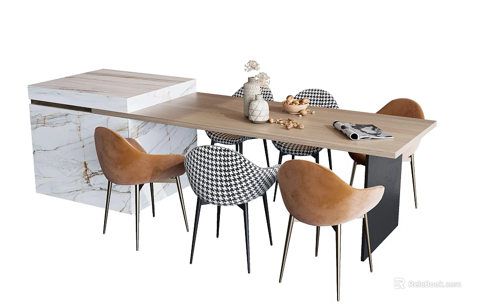 Modern Elegant Dining Table Set With Marble Top Tan And Checkered Chairs 3d model