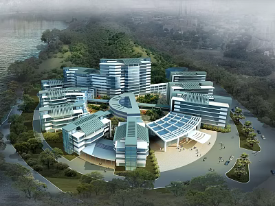 Modern Architectural Complex With Glass Facades Green Landscape And Pathways 3d model