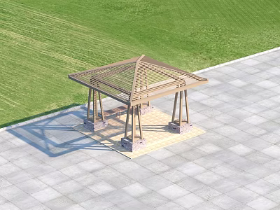 Wooden Pergola With Lattice Roof Supporting Columns And Stone Base On Paved Ground 3d model