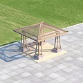 Wooden Pergola With Lattice Roof Supporting Columns And Stone Base On Paved Ground