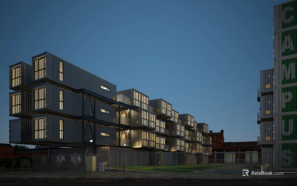 Modern Multi Storey Container Residential Building With Metal Exterior And Dusk Lighting 3d model 