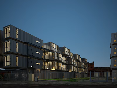 Modern Multi Storey Container Residential Building With Metal Exterior And Dusk Lighting 3d model