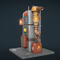 Vintage Industrial Fuel Station Equipment With Rusty Pipes And Red Containers
