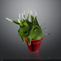 Cartoon Green Spiky Plant with White Spikes Big Eyes in Red Pot