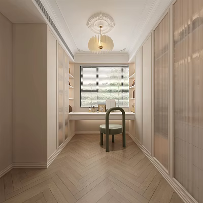 Elegant Walk-in Closet with Glass Door Wardrobes Green Chair Long Desk Chandelier and Wooden Floor 3d model