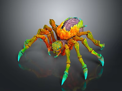 Colorful 3D Rendered Fantasy Spider Character With Orange Legs Green Claws And Purple Body 3d model