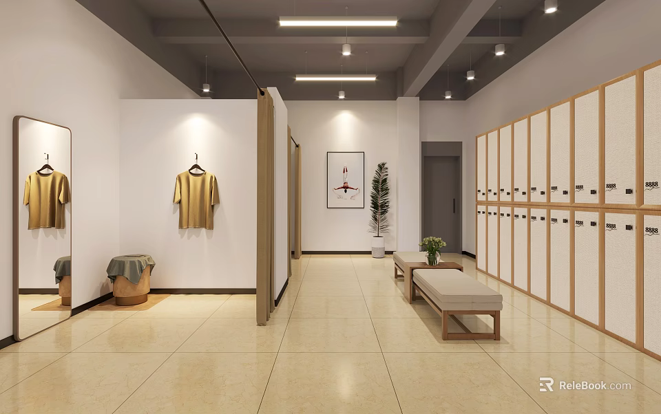 Modern Cloakroom Interior With Wooden Lockers Bench Plant Mirror Wall Art And Hanging Clothes 3d model 