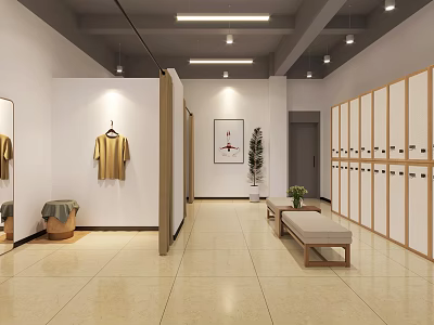 Modern Cloakroom Interior With Wooden Lockers Bench Plant Mirror Wall Art And Hanging Clothes 3d model