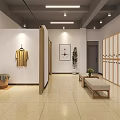 Modern Cloakroom Interior With Wooden Lockers Bench Plant Mirror Wall Art And Hanging Clothes