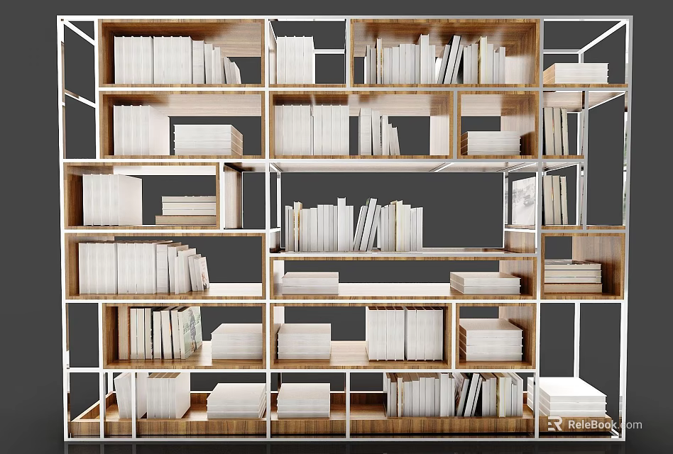 Modern Multi Layer Wooden Bookshelf With Various Compartments And Stacked Books 3d model 