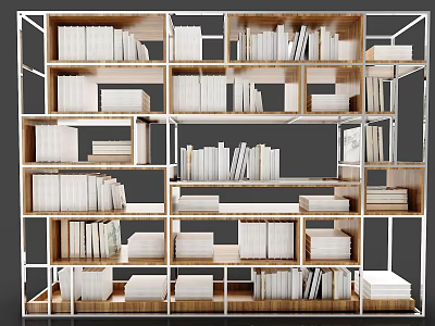 Modern Multi Layer Wooden Bookshelf With Various Compartments And Stacked Books 3d model