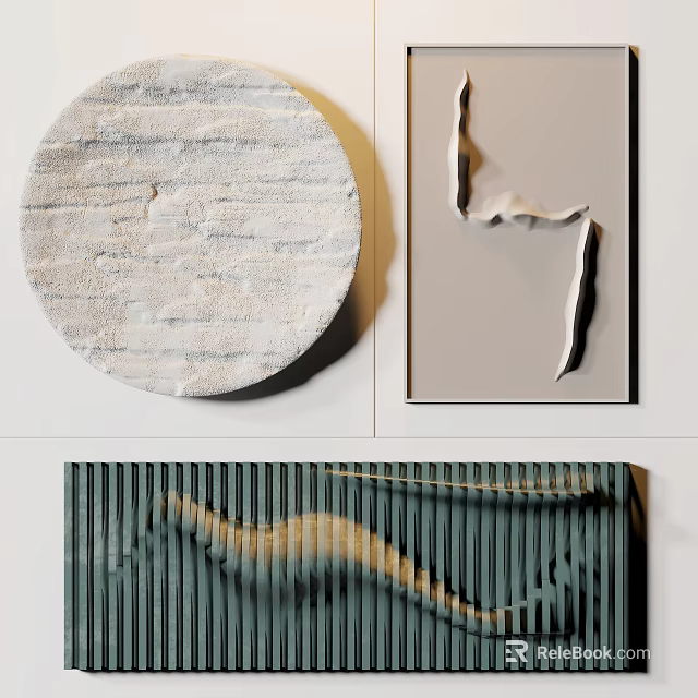 Modern Wall Decor With Circular Textured Disc Rectangular Abstract Art And Green Vertical Stripe Panel 3d model 