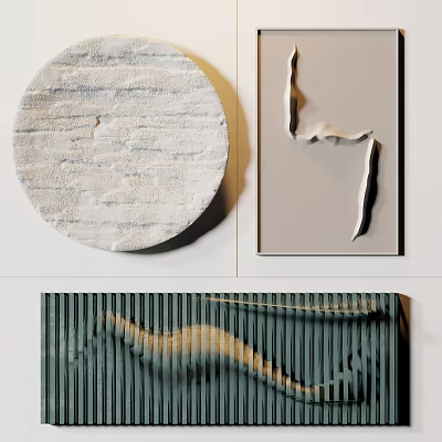 Modern Wall Decor With Circular Textured Disc Rectangular Abstract Art And Green Vertical Stripe Panel 3d model
