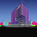 Modern High Rise Office Building With Glass Curtain Wall And Urban Night View