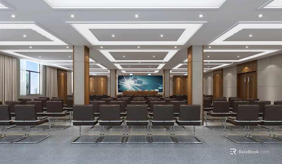 Spacious Conference Room With Arranged Chairs Large Screen Modern Lighting And Wooden Walls 3d model 