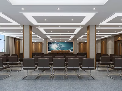 Spacious Conference Room With Arranged Chairs Large Screen Modern Lighting And Wooden Walls 3d model