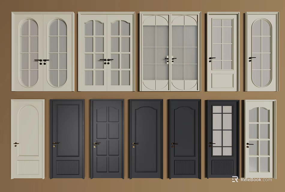Various Style Hinged Doors With Glass Panels Wooden Frames And Colors For Interior Design 3d model 