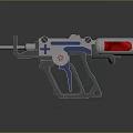 Futuristic Sci Fi Gun Weapon With Silver Metal Body Blue Accents Red Component And Emblem Details