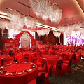 Elegant Red Theme Banquet Hall With Red Carpet Roses Chandeliers Tables And Stage Arch