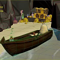 Wooden Boat Near Cave On Sandy Beach With Treasure Chest And Lantern