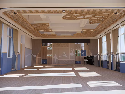 Spacious Fitness Dance Studio With Wooden Floors Large Windows And Ceiling Decorations 3d model