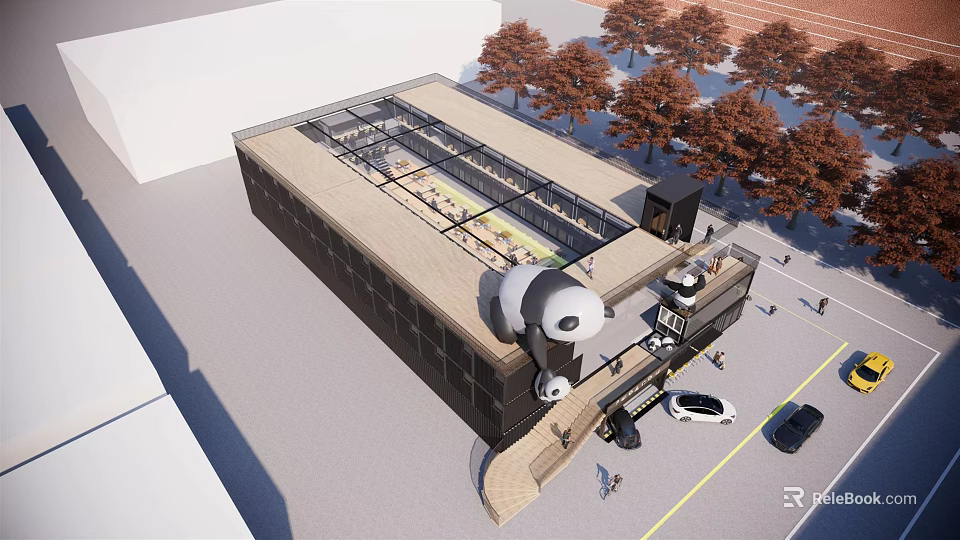 Modern Commercial Complex With Glass Roof And Open Entrance Surrounded By Trees And Parking Space 3d model 