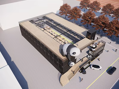 Modern Commercial Complex With Glass Roof And Open Entrance Surrounded By Trees And Parking Space 3d model
