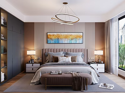Modern Elegant Bedroom Interior With Upholstered Bed Abstract Painting Round Pendant Light And Nightstands 3d model