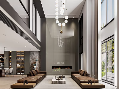 Modern Luxury High Ceiling Living And Dining Room With Elegant Interior Design And Leather Sofas 3d model