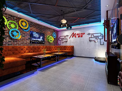 Modern KTV Industrial Design with Brick Wall Gear Decorations Orange Sofas Neon Lights TV Screens 3d model